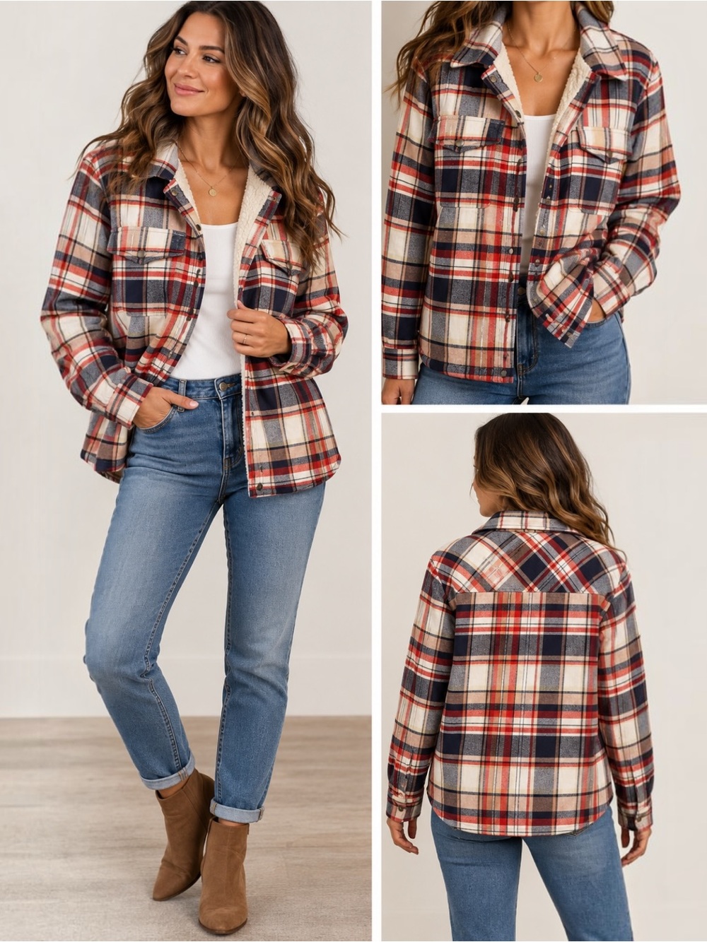 Lucky Brand Womens L Sherpa Lined Plaid Shacket Jacket Red Navy Flannel